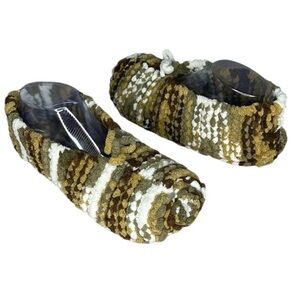 HAND Knit Chenille Slippers Green Brown Mix Thick Soft Cozy Size Large 7-9